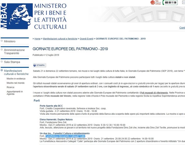 Fumettoteca Alessandro Callegati "Calle" - Ministero per i Beni e le Attività Culturali - Settembre 2019